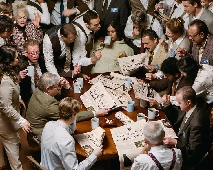A boardroom crowded around a table of 'market crash' front pages, reacting, evoking Alex's executive committee arguing out a decision under pressure.